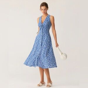 Rihoas Blue Floral V Neck Sleeveless Midi Dress